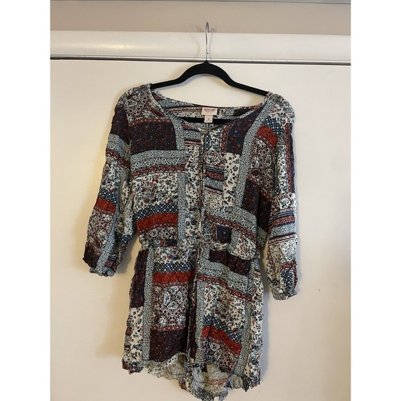 Mossimo Denim Pants - Mossimo Supply Co. Medium 3/4 Sleeve Scoop Neck Patch Quilt Pattern Romper